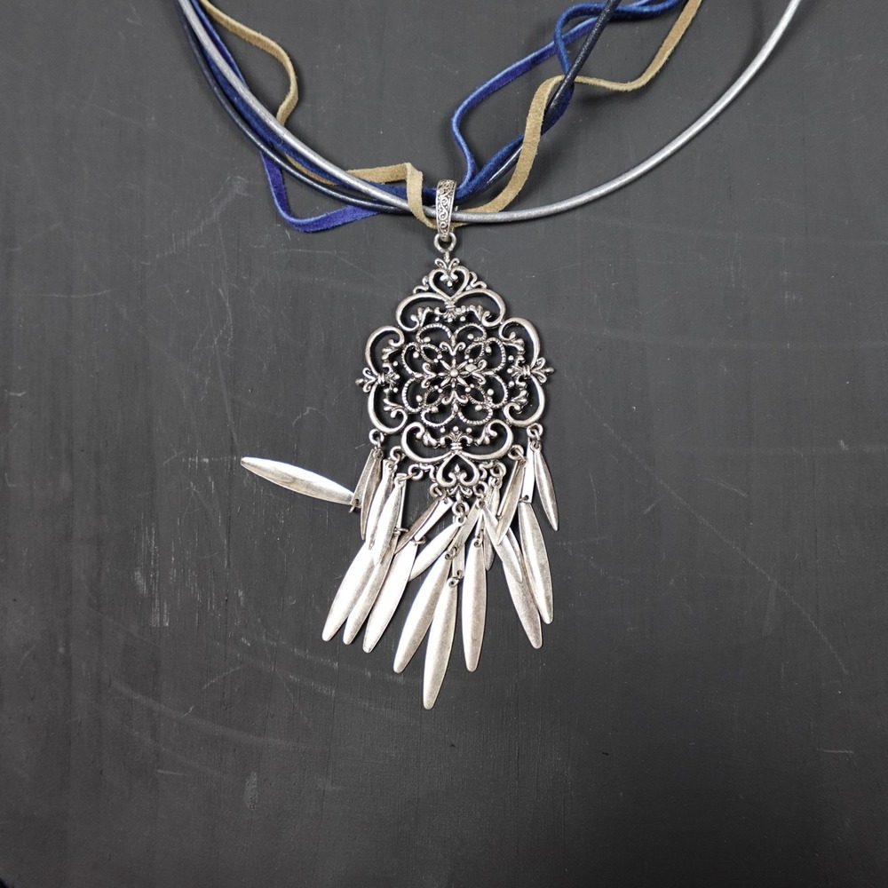 Boho Silver Tone Filigree Dangle Pendant Multi Strand Cord Necklace - Picture 4 of 8